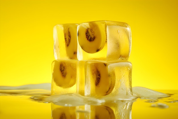 rodajas de plátano en cubitos de hielo sobre un fondo amarillo