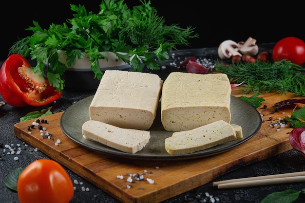 Rodajas de queso de soya tofu en una tabla para cortar con especias de albahaca y verduras