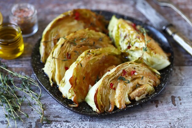 Rodajas de repollo a la parrilla con hierbas aromáticas