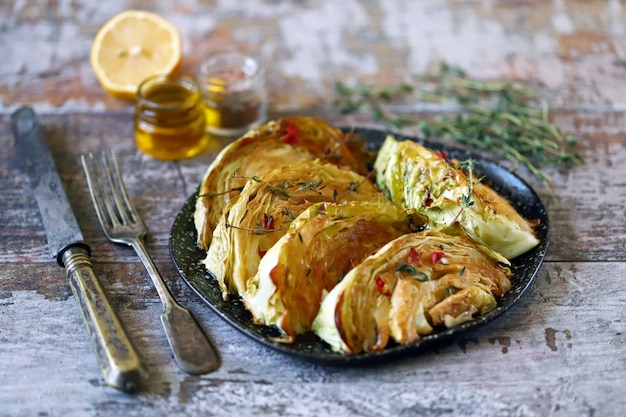 Rodajas de repollo a la parrilla con hierbas aromáticas