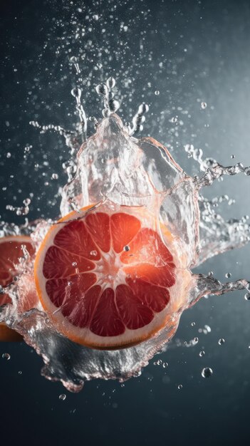 Rodajas y rodajas de pomelo caen al agua sobre un fondo gris