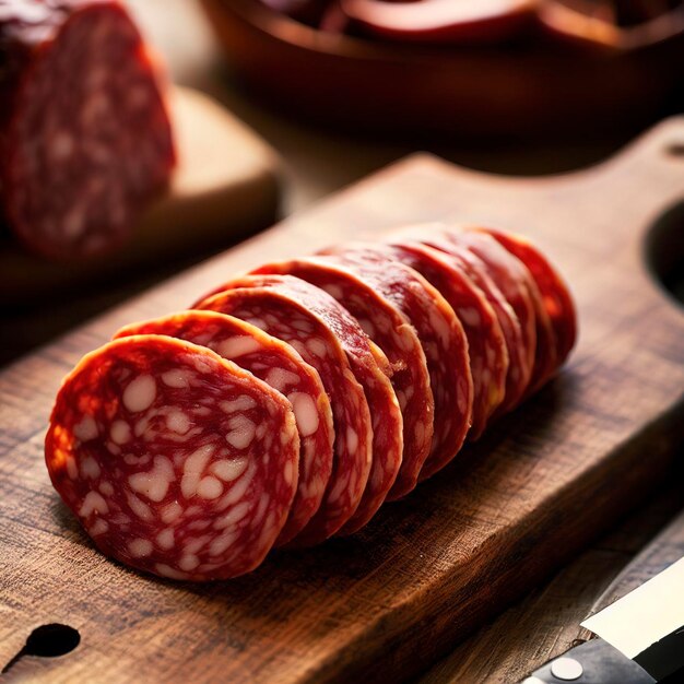 rodajas de salami italiano en tabla de cortar con cuchillo de cocina