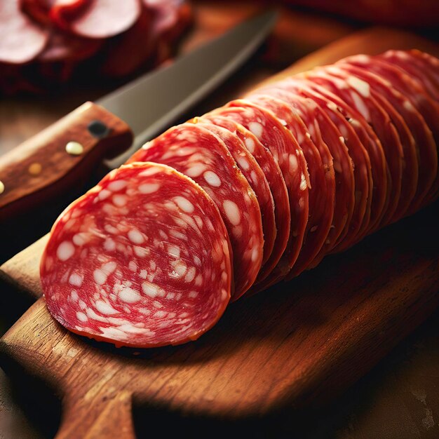 rodajas de salami italiano en tabla de cortar con cuchillo de cocina