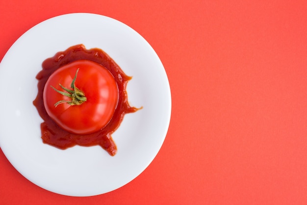 Rodajas de tomate en salsa de tomate en el plato blanco sobre el fondo rojo.Vista superior.Concepto mínimo de dieta. Copiar espacio.