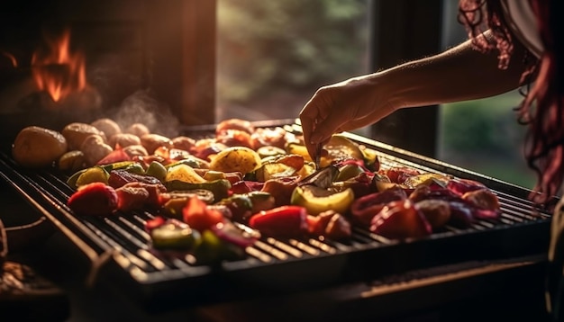 Rodajas de verduras y frutas a la parrilla para barbacoa generadas por IA