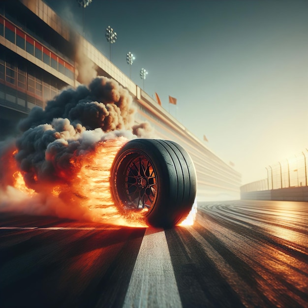 Foto rodas de carro fumando no asfalto do circuito