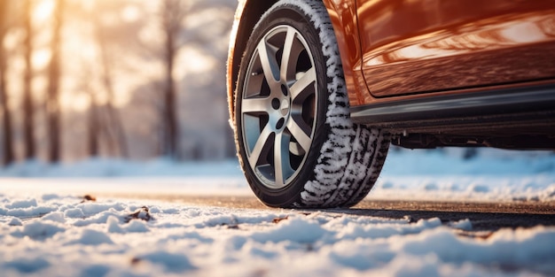 Foto rodas de carro no inverno em uma estrada coberta de neve pneus de inverno