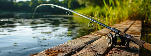 Rodas de pesca girando no fundo do cais na margem do rio