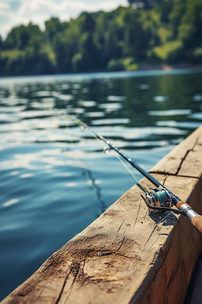 Rodas de pesca girando no fundo do cais na margem do rio