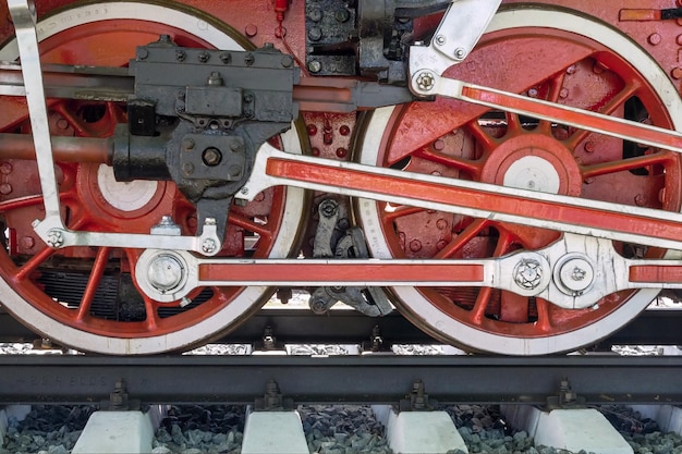 Rodas grandes, um close da velha locomotiva com a máquina a vapor nos trilhos
