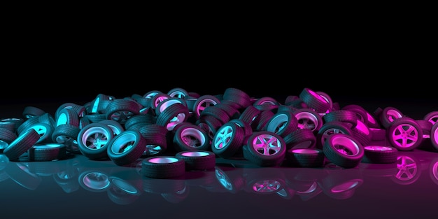 Rodas pretas em um fundo preto com iluminação neon na ilustração 3d