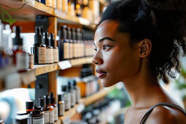 Foto rodeada de estanterías llenas de productos de belleza, una mujer de complexión impecable examina una selección de sueros para el cuidado de la piel.