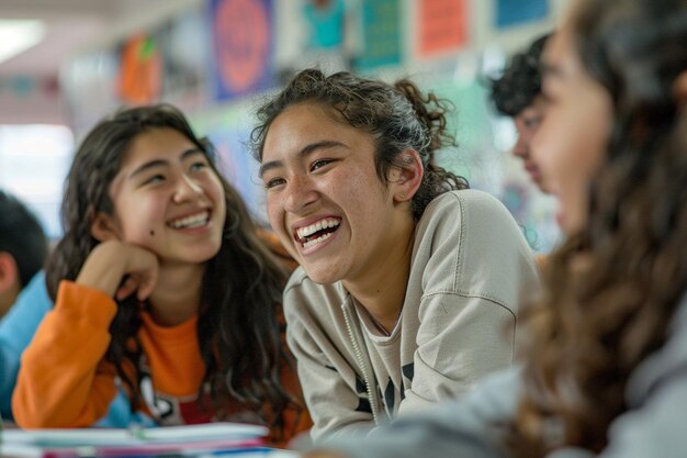 Foto rodeado de carteles coloridos y libros de texto de idiomas generativos ai