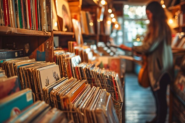 Foto rodeado de estantes llenos de discos de vinilo, un aficionado a la música hojea una colección de álbumes antiguos