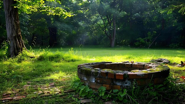 Rodeado de ladrillos en un campo cubierto de hierba Un concepto de perspectiva única Inspirado por la naturaleza sesión de fotos Elementos urbanos Posing creativo Campo de hierba Establecimiento de pared de ladrillo Fondo