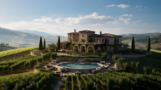 Rodeado de viñedos, su propiedad de ensueño muestra una mansión de inspiración toscana.