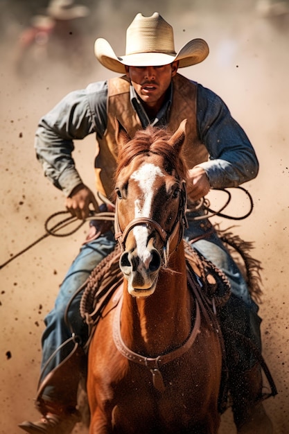 Rodeo bronc rider fotografía de acción disparada mirando a la cámara muy detallada