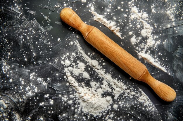 Rodillo de madera y harina Panadería sobre un fondo de piedra negra Vista superior Espacio libre para el texto