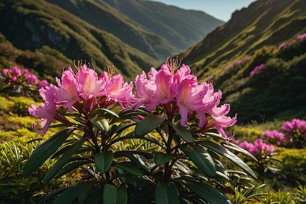 Foto rododendros em flor na encosta de uma colina