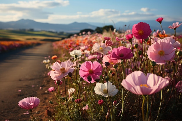 Rodovia através de um campo de flores silvestres florescentes IA generativa