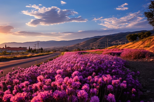 Rodovia através de um campo de lavanda em plena floração IA generativa