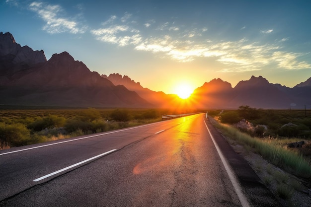 Rodovia cênica que leva ao nascer do sol sobre a cordilheira criada com ai generativa