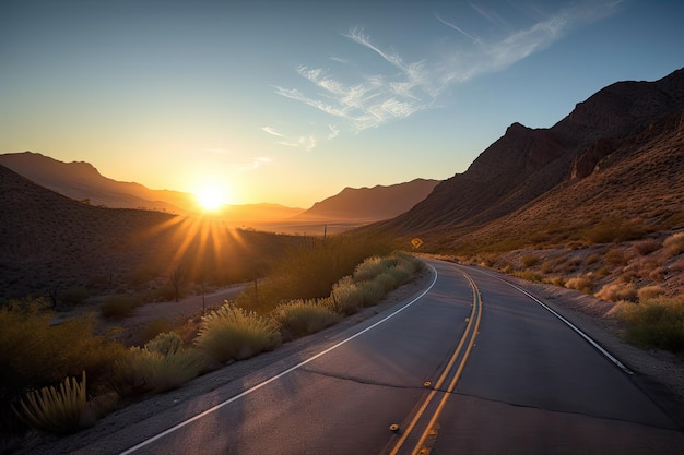 Rodovia cênica que leva ao nascer do sol sobre a cordilheira criada com ai generativa