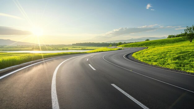 Rodovia curva ao pôr-do-sol com vegetação exuberante