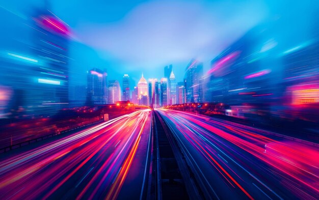 Foto rodovia de alta velocidade com o horizonte da cidade em movimento trilhas de luzes borrosas e luzes de néon coloridas