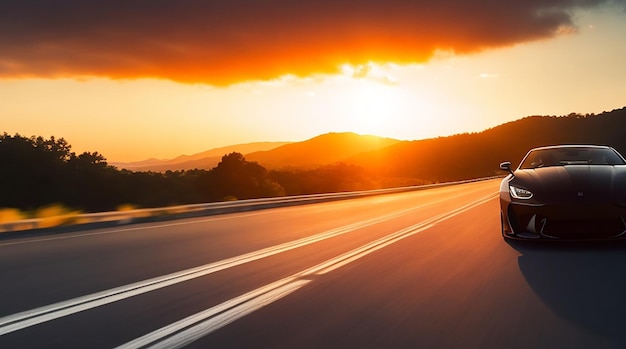 Rodovia de carro esportivo preto ao pôr do sol