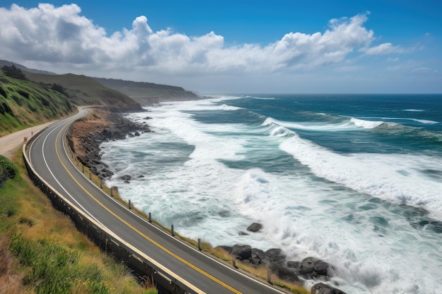 Rodovia panorâmica com vista para ondas quebrando e o mar criado com IA generativa