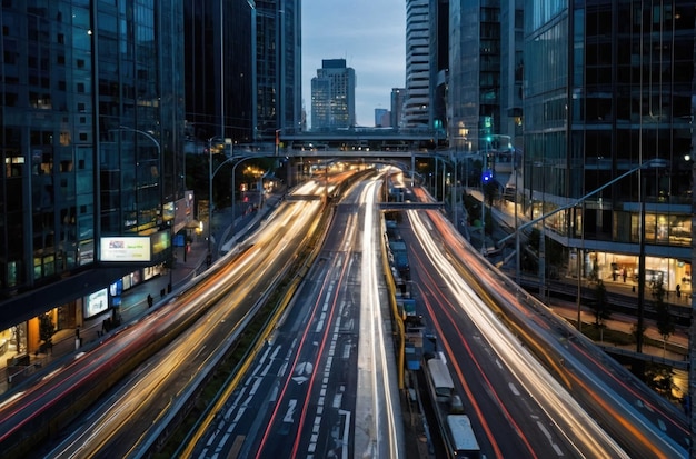 Rodovias elevadas em uma paisagem urbana brilhantemente iluminada