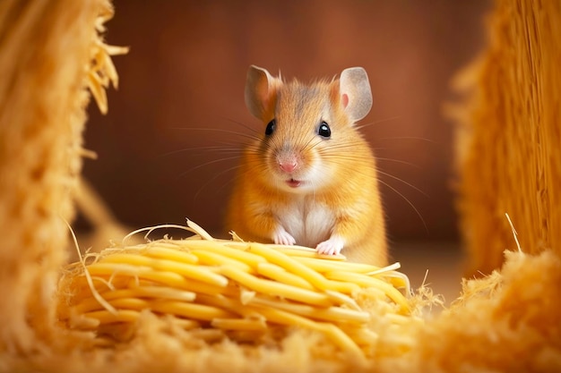 Roedor marrom sentado no feno, rato fofo comendo queijo generativo ai