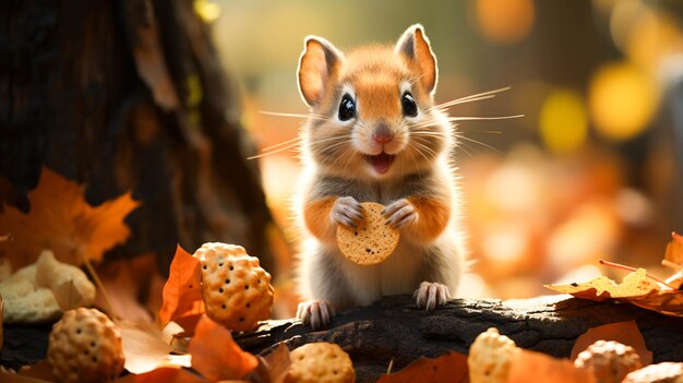 Roedor pequeno bonito sentado em uma árvore comendo uma noz