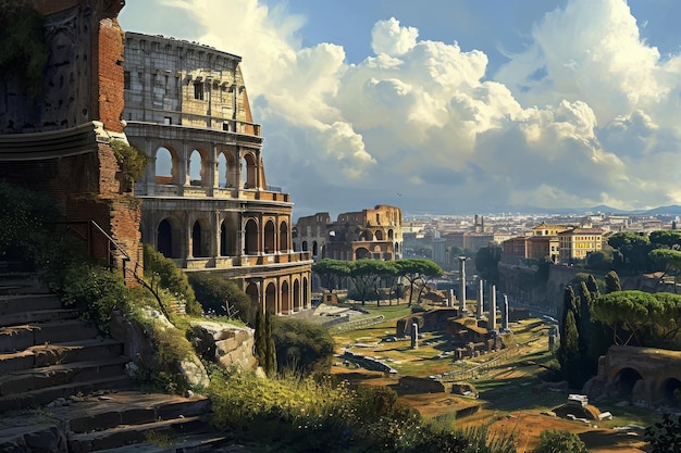 Römer Skyline mit dem Kolosseum und antiken Ruinen, generiert von KI