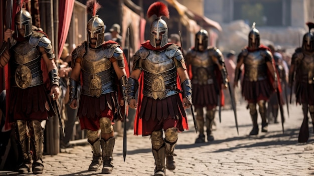 Foto römische gladiatoren paradieren in der arena und zeigen ihre waffen
