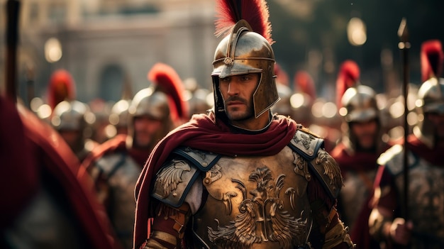 Römische Legionäre in zeremonieller Rüstung paradieren durch Rom und werden als Helden gefeiert