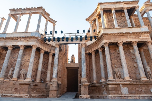 Römische Ruinen von Merida Blick auf die Säulen des römischen Theaters Extremadura Spanien