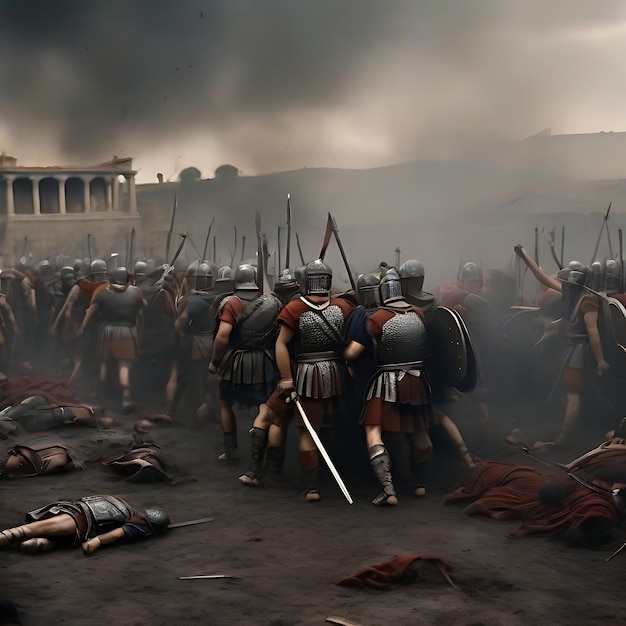 Foto römische truppen kämpften, um sich gegenseitig zu töten, bewaffnet mit schwertern und speeren.