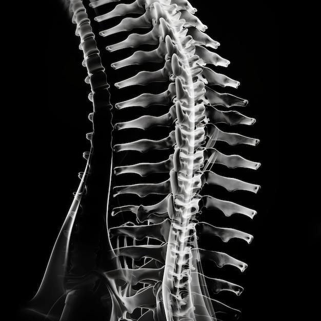Foto röntgenbild einer menschlichen wirbelsäule, präsentiert mit einem transparenten effekt vor einem schwarzen hintergrund, verwendet für anatomische studien, medizinische diagnosen oder gesundheitsbezogene pädagogische inhalte