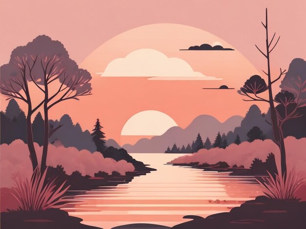 Röter Horizont Sonnenuntergang über dem Fluss mit warmen Tönen