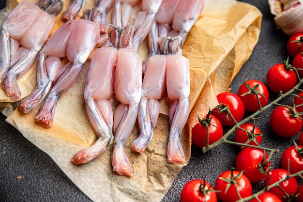 Rohe Froschschenkel Fleisch Mahlzeit Snack auf dem Tisch Kopie Raum Lebensmittel Hintergrund rustikale Draufsicht