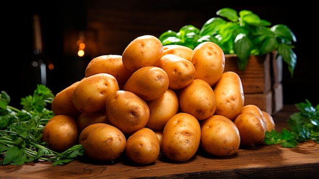 rohe gelbe Kartoffeln frische Kartoffeln mit Blättern auf einem Holztisch