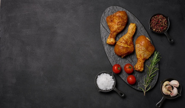 Rohe Hähnchenschenkel in Gewürzen auf einer schwarzen Tafel Draufsicht Kochen mit Gewürzen