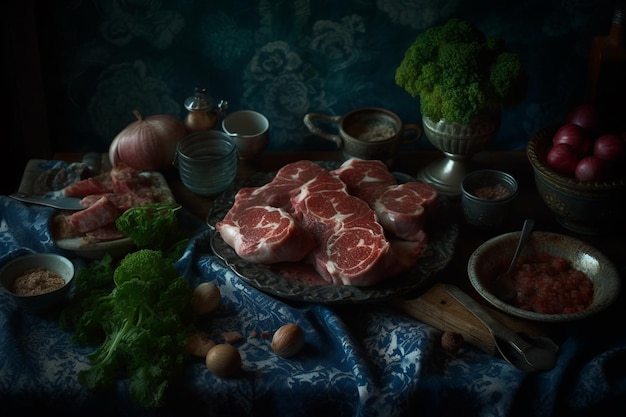 Rohe Lammkoteletts mit Kräutern und Tomaten auf dunklem Hintergrund