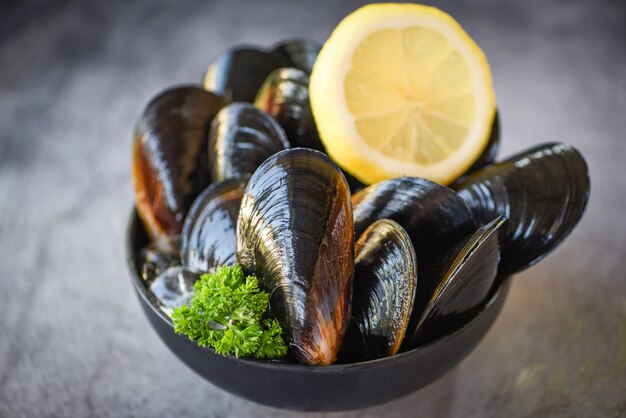 Rohe Muscheln mit Kräutern Zitrone auf Schüssel und dunkel. Frische Meeresfrüchte Schalentiere auf Eis im Restaurant