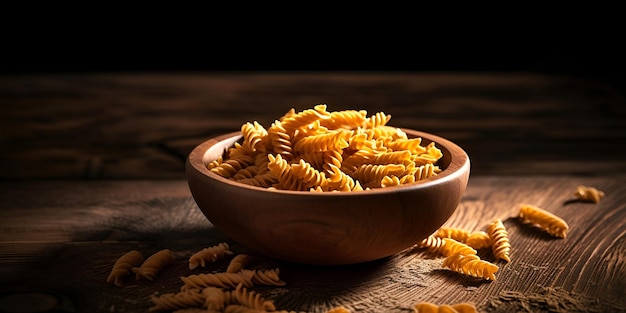 Rohe Pasta-Fusilli in einer Schüssel auf dunklem Holzhintergrund