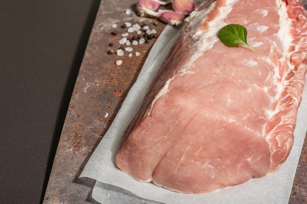 Rohe Schweinelende mit Gewürzen. Großes Stück Fleisch auf rostigem Metallständer, Betonhintergrund aus schwarzem Stein. Trendiges hartes Licht, dunkler Schatten, Kopierraum