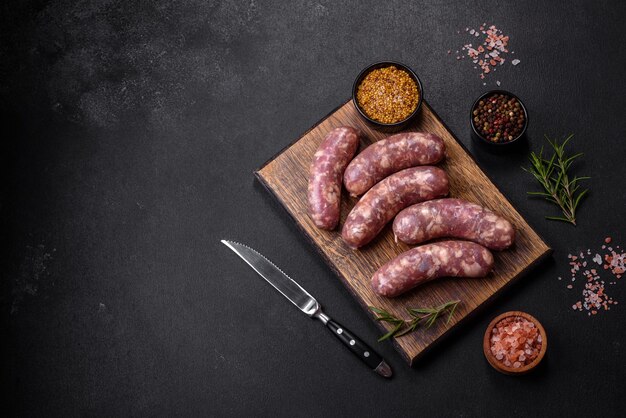 Rohe Schweinswürste grillen mit Gewürzen und Kräutern auf einem dunklen Betontisch