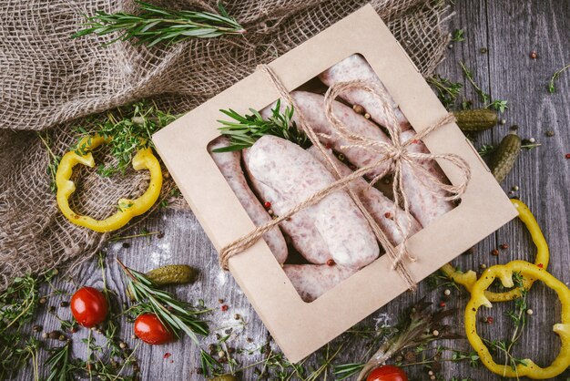 Rohe ungekochte Fleischwürste in einer Bastelbox auf einem rustikalen Schneidebrett. Gewürze für rohe Fleischwürste Zwiebeln, Knoblauch, Thymian, Rosmarin, Salbeiblätter, Koriander, Paprika.